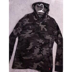 Polo Ralph Lauren Hoodie Mens Medium Waffle Knit Camo Quarter Zip Pockets Gray M